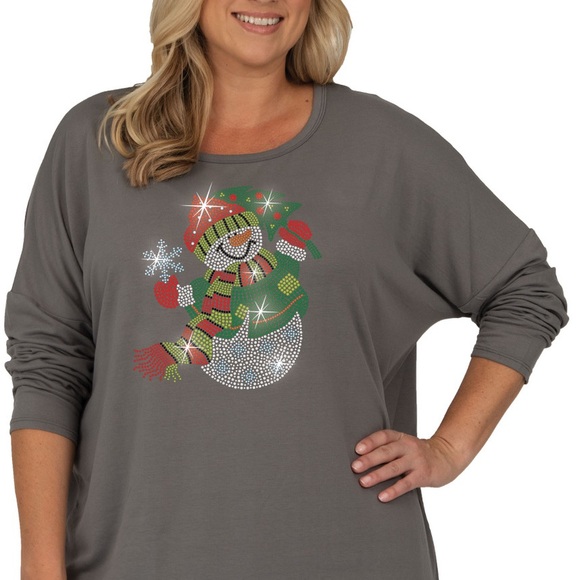 Snowman w/ Mini X-mas Tree 3/4 Scoop Neck Top - Picture 2 of 2